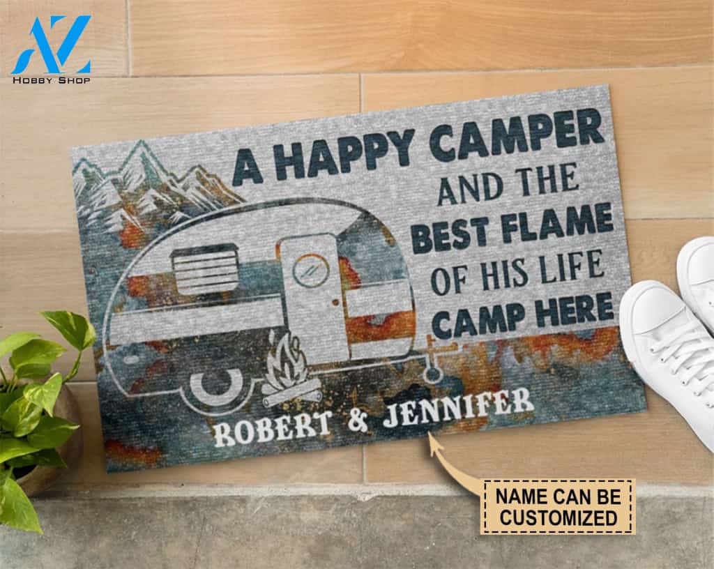 Personalized Camping Happy Camper Live Here Customized Doormat | WELCOME MAT | HOUSE WARMING GIFT