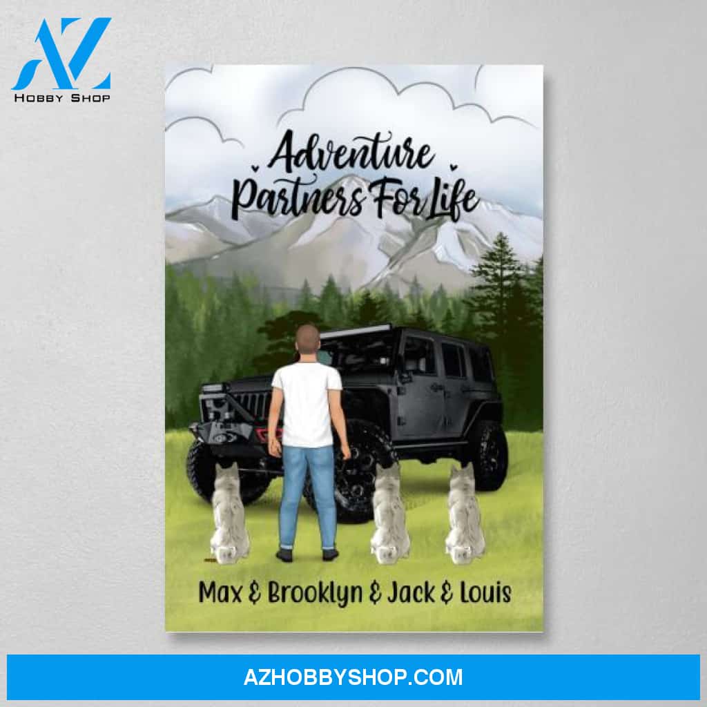 Personalized Canvas, Adventure Man with Cats and Dogs, Custom Gift for Dogs and Car Lovers