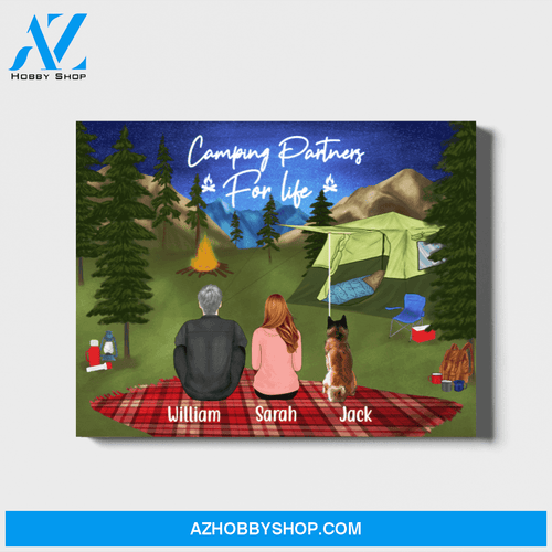 Personalized Canvas, Camping Couple and Dogs, Custom Gift for Camping Lovers