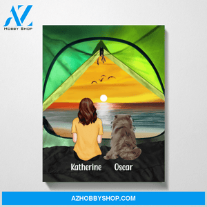 Personalized Canvas, Camping Woman and Dogs, Custom Gift for Camping Lovers