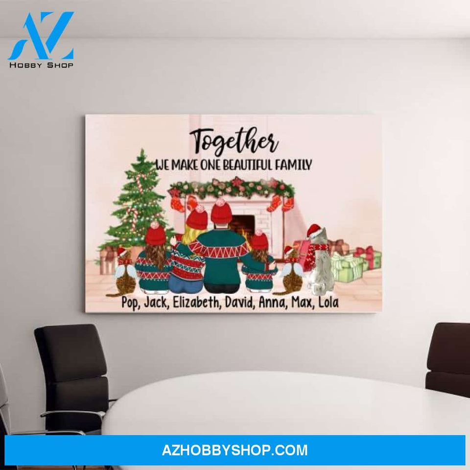 Personalized Canvas, Christmas Couple With Two Kids And Pets, Christmas Gift For Family And Pet Lovers