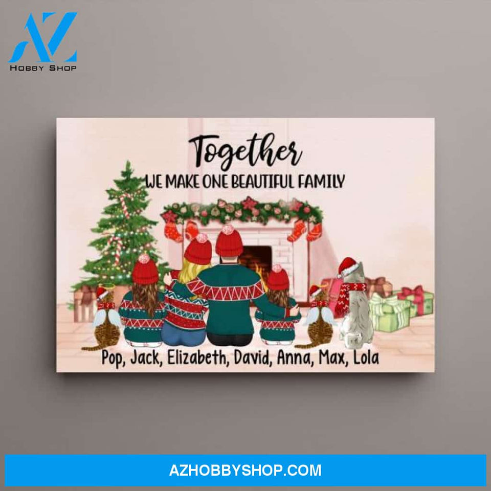 Personalized Canvas, Christmas Couple With Two Kids And Pets, Christmas Gift For Family And Pet Lovers