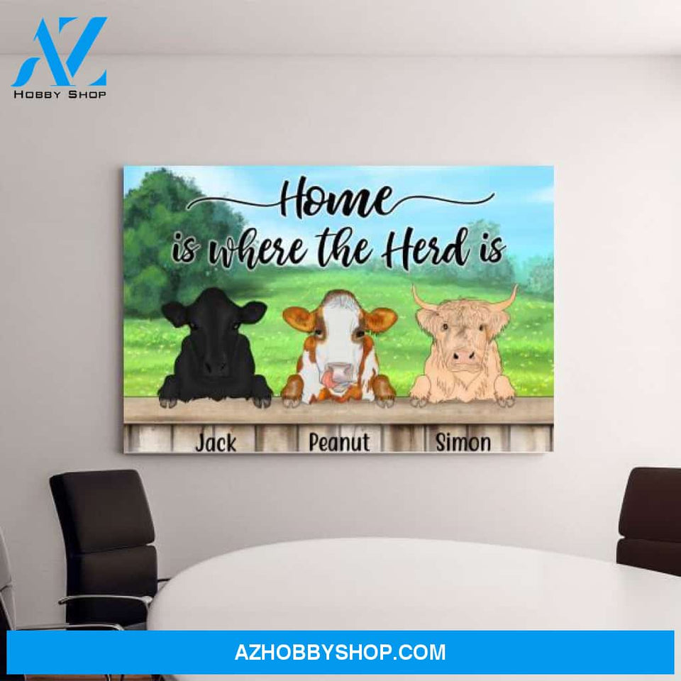 Personalized Canvas, Cow Peeking Home Is Where The Herd Is Gift for Farmers