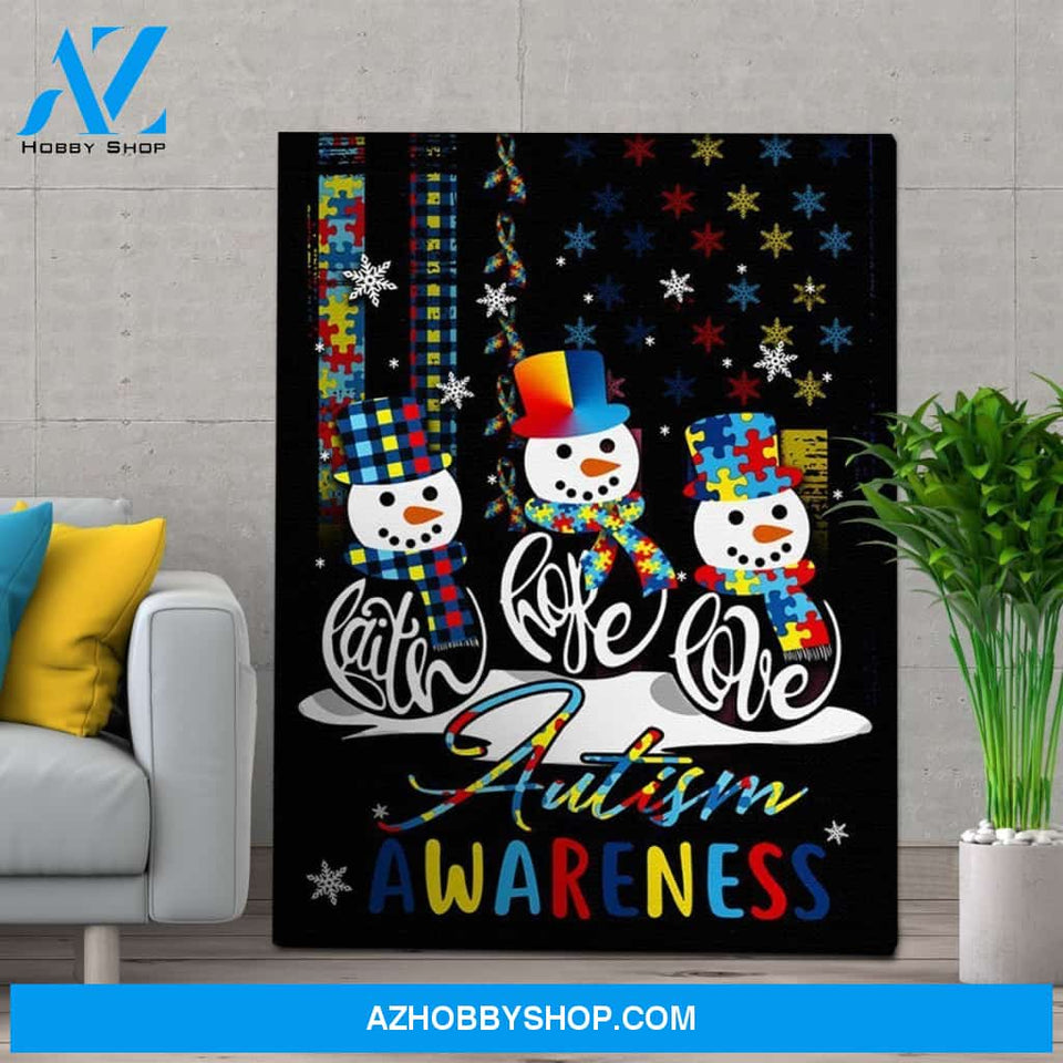 Personalized Canvas Faith Hope Love Autism Awareness Snowman Christmas Wall Art For Christmas Gift Canvas Wall Art