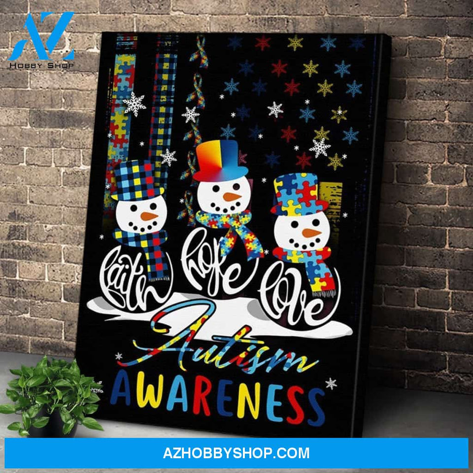 Personalized Canvas Faith Hope Love Autism Awareness Snowman Christmas Wall Art For Christmas Gift Canvas Wall Art