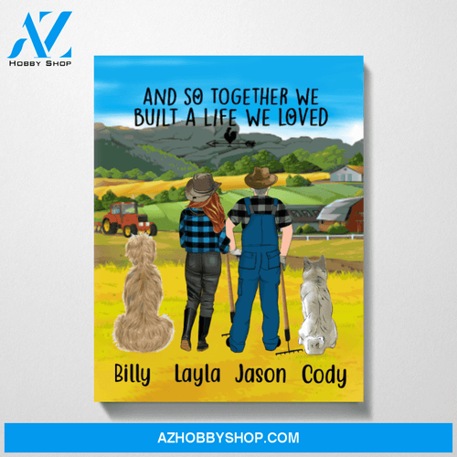 Personalized Canvas, Farming Couple and Dogs, Custom Gift for Dog Lovers