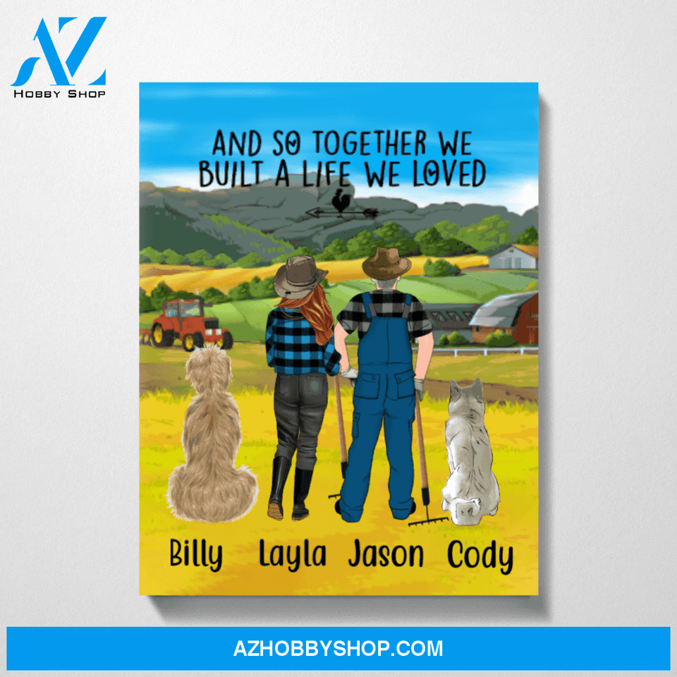 Personalized Canvas, Farming Couple and Dogs, Custom Gift for Dog Lovers