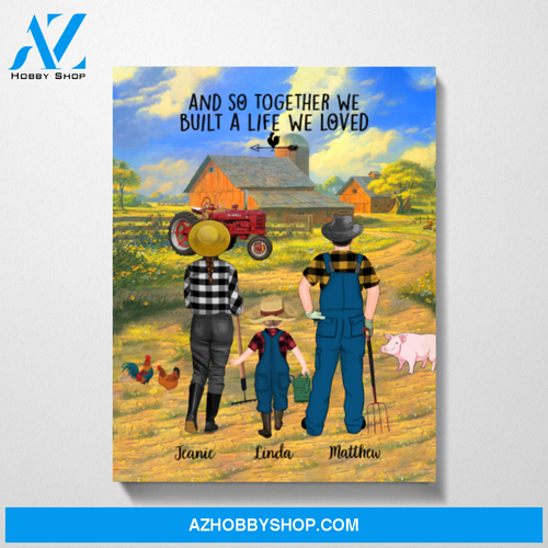 Personalized Canvas, Farming Couple and Kids with Tractor, Custom Gift for Farmers