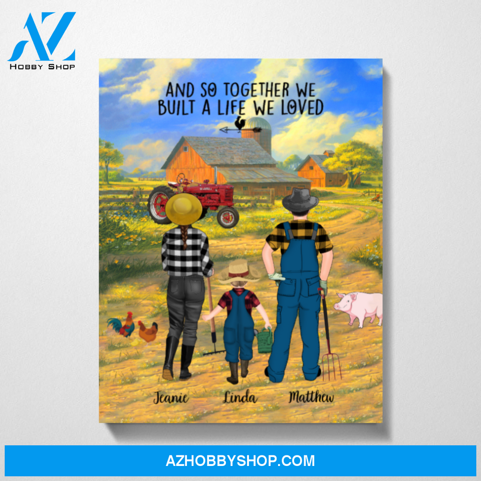 Personalized Canvas, Farming Couple and Kids with Tractor, Custom Gift for Farmers