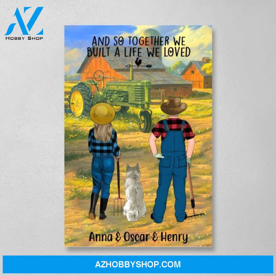 Personalized Canvas, Farming Couple and Pets Gift for Dog Cat Lovers