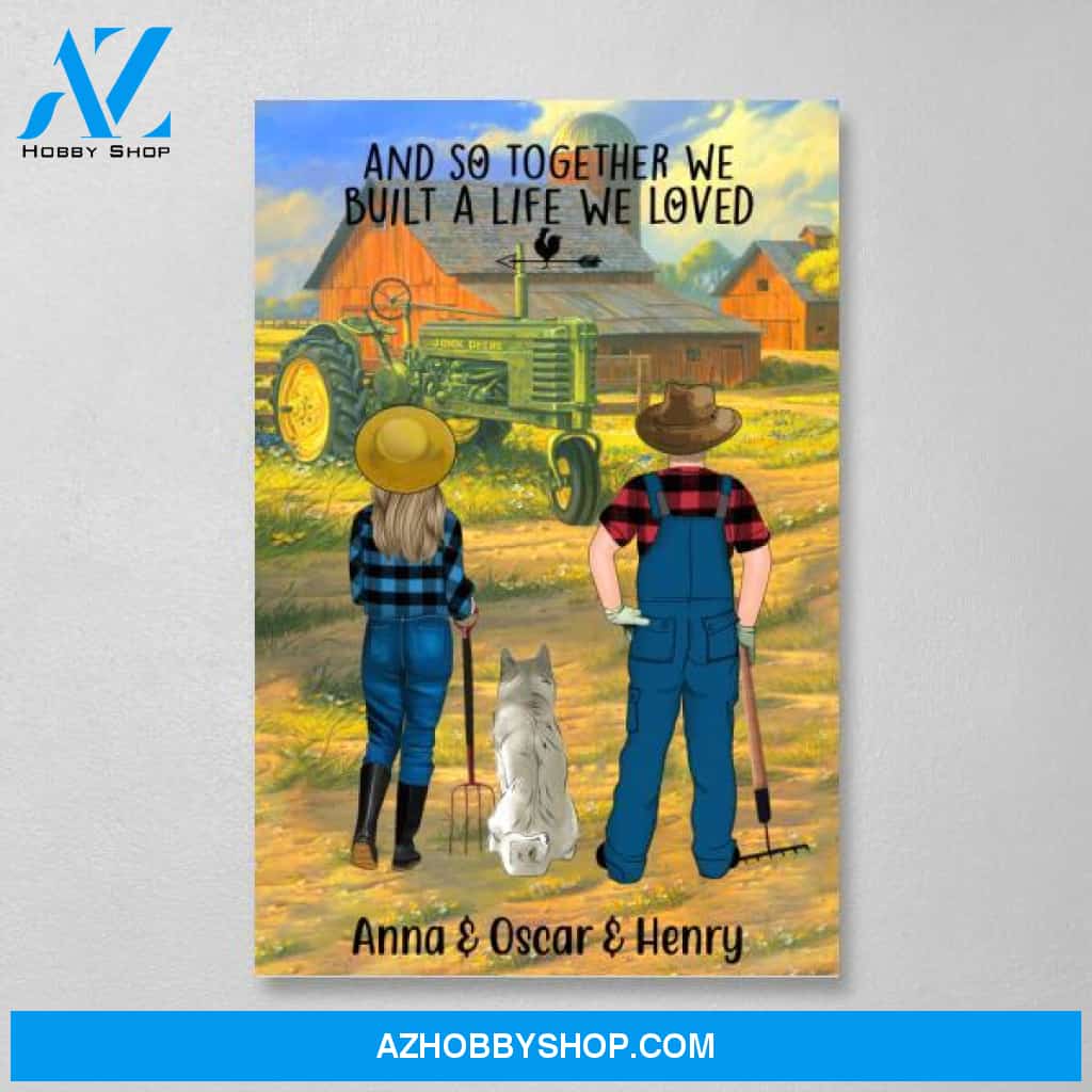 Personalized Canvas, Farming Couple and Pets Gift for Dog Cat Lovers