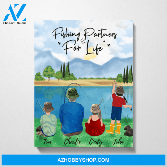Personalized Canvas, Father and Three Kids Fishing Partners for Fishing Lovers