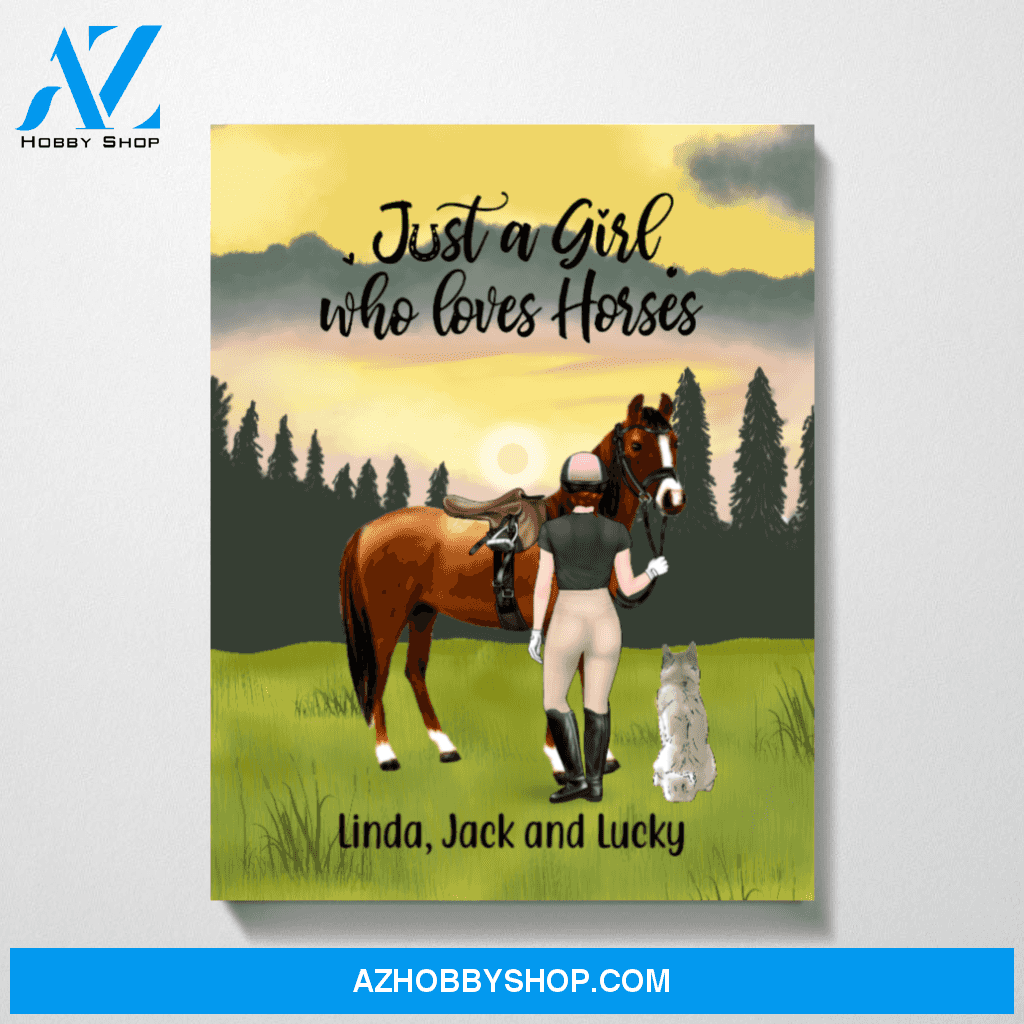 Personalized Canvas, Girl Standing with Horse and Dogs, Custom Gift for Horse and Dogs Lovers