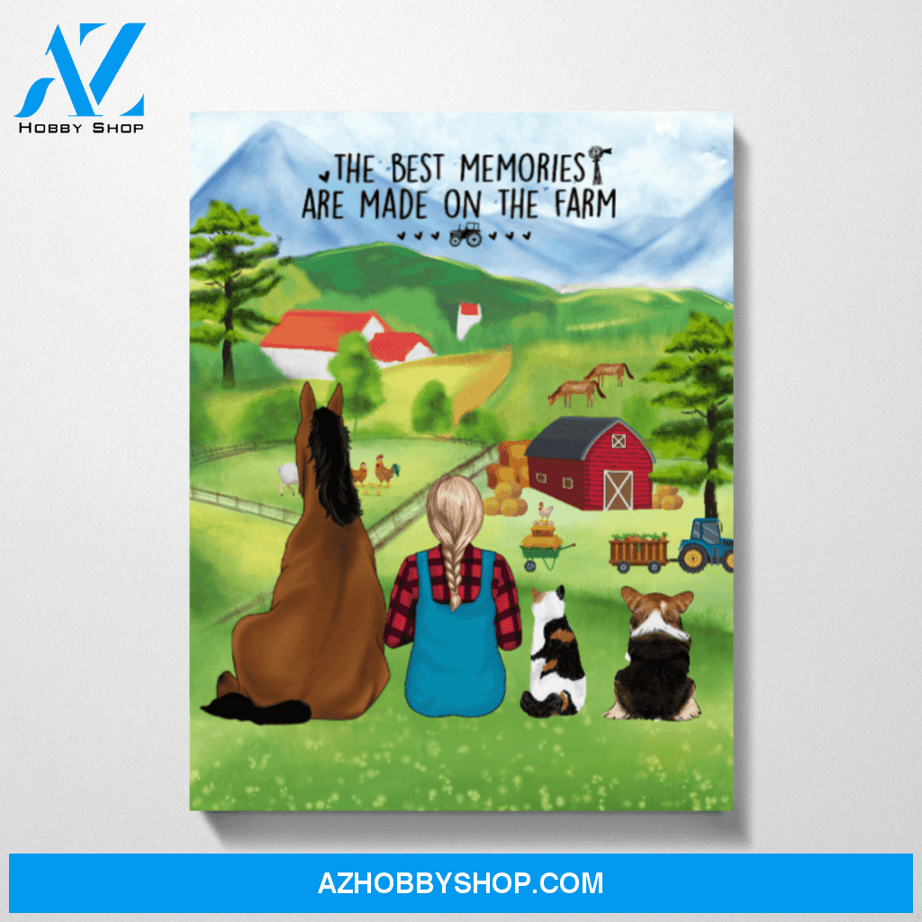 Personalized Canvas, Girl with Horse, Cat and Dog, Custom Gift for Farming Lovers