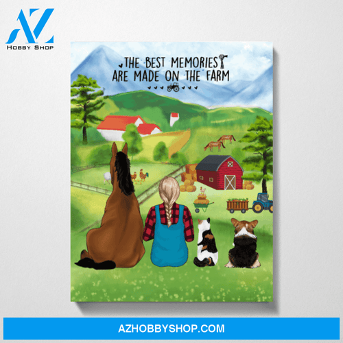 Personalized Canvas, Girl with Horse, Cat and Dog, Custom Gift for Farming Lovers