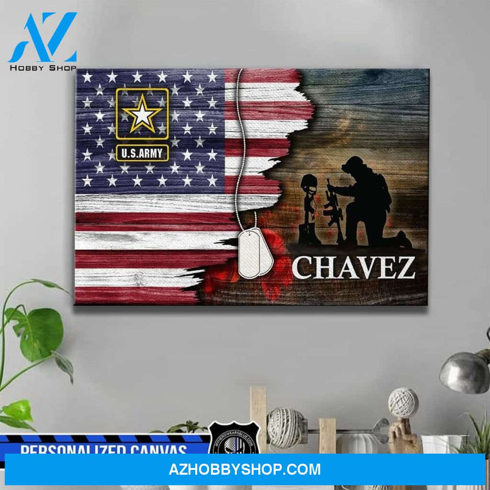Personalized Canvas – Half Flag – Kneeling Army Soldier – Canvas