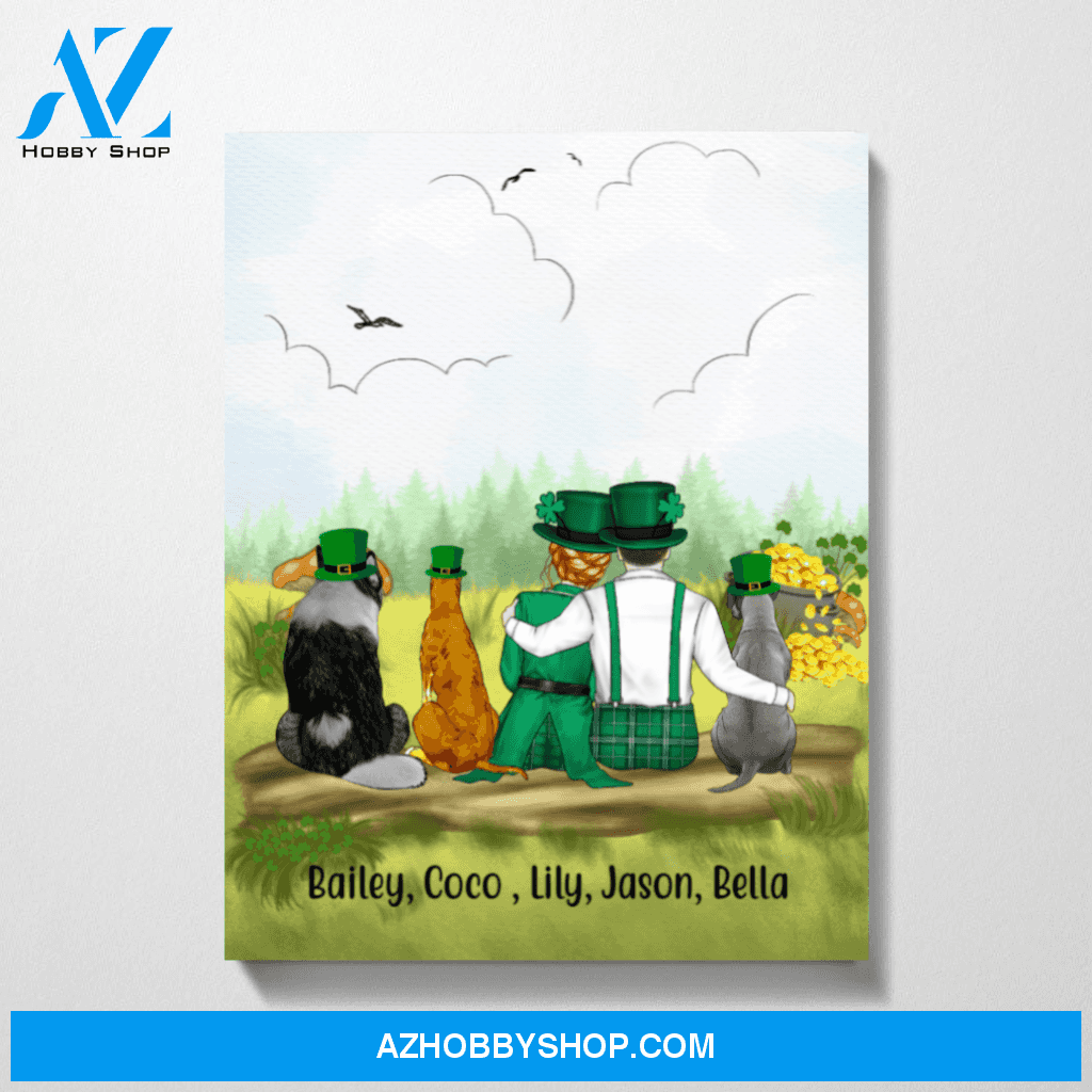 Personalized Canvas, St Patrick's Day Couple and Dogs, Custom Gift for Dog Lovers