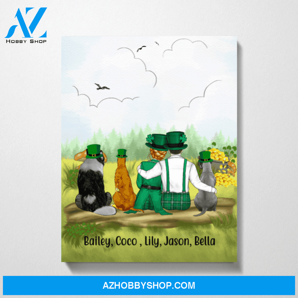 Personalized Canvas, St Patrick's Day Couple and Dogs, Custom Gift for Dog Lovers
