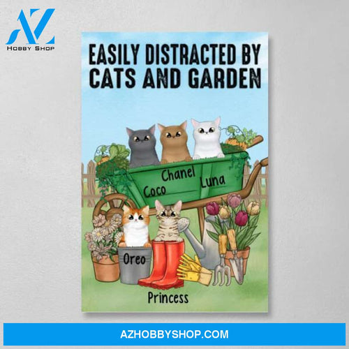 Personalized Canvas, Up to 5 Cats, Easily Distracted By Cats and Garden, Gift for Cat Lovers
