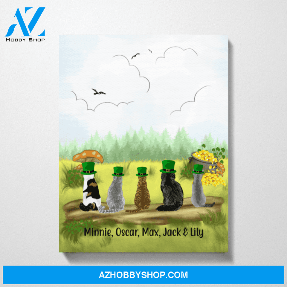 Personalized Canvas, Up to Five Cats Happy St Patrick's Day for Cat Lovers