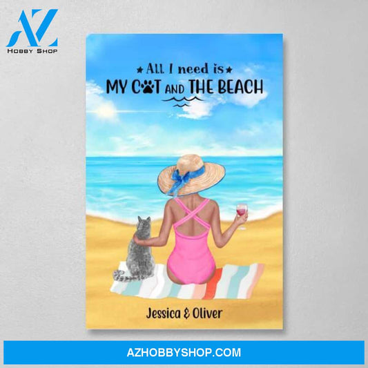 Personalized Canvas, Woman Drinking On Beach with Cats, Gift for Beach, Cat Lovers