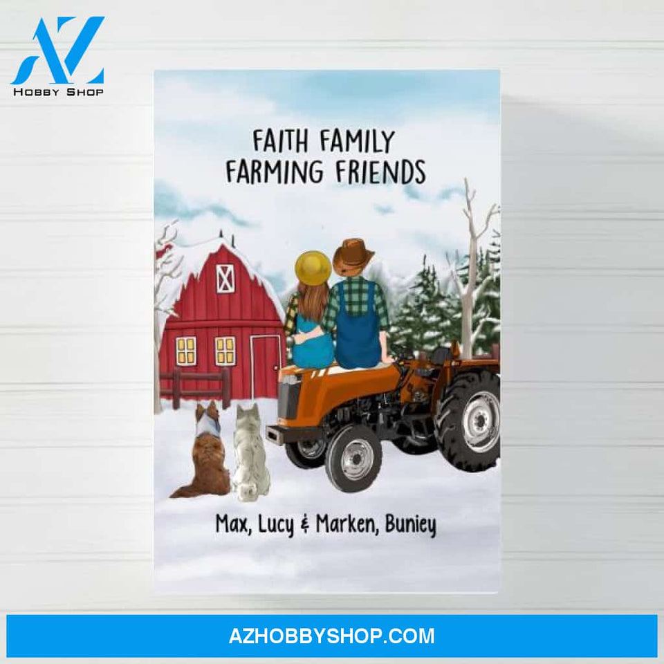 Personalized Canvas/Poster, Farming Couple On Tractor With Dogs, Winter Theme, Gift For Farmers And Dog Lovers