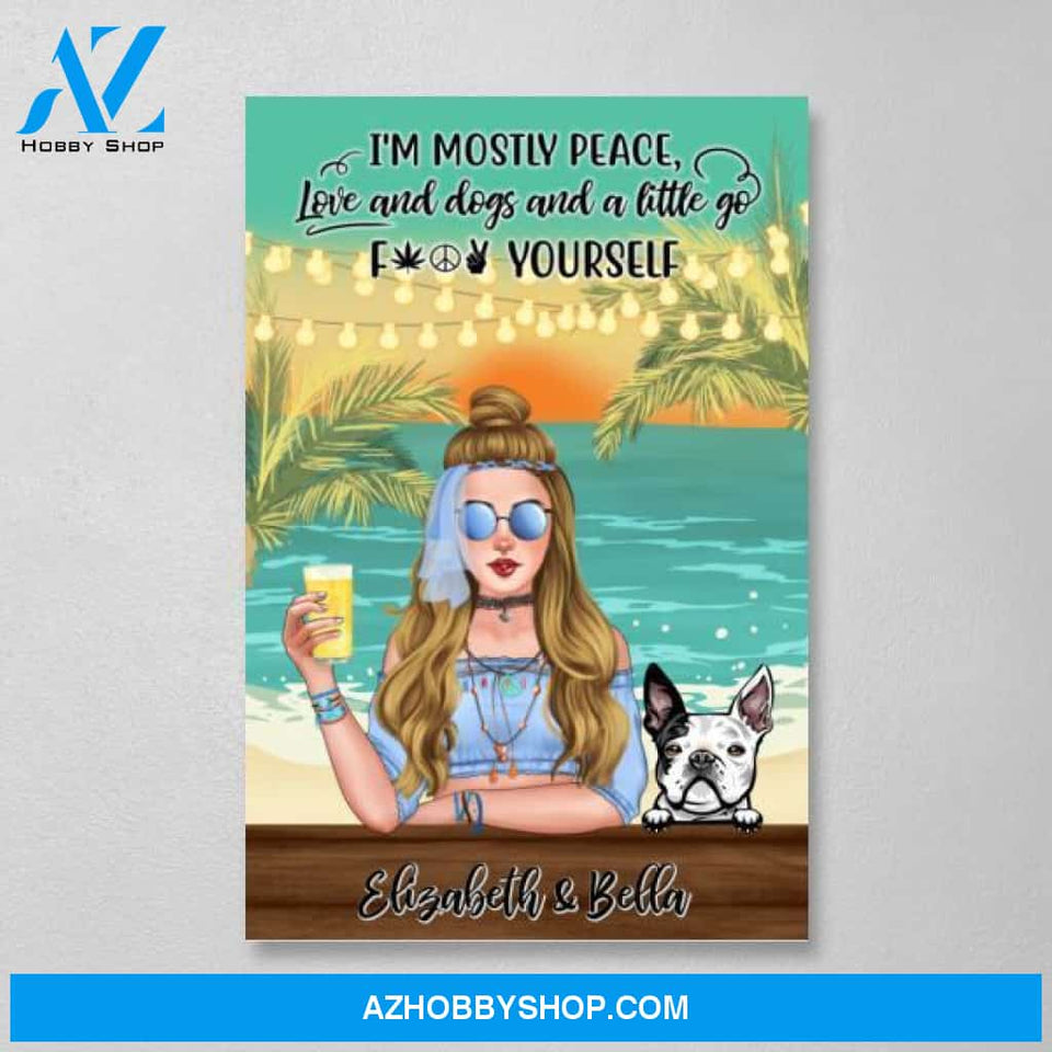 Personalized Canvas/Poster, Hippie Girl with Dogs On The Beach, Gifts for Hippie and Dog Lovers
