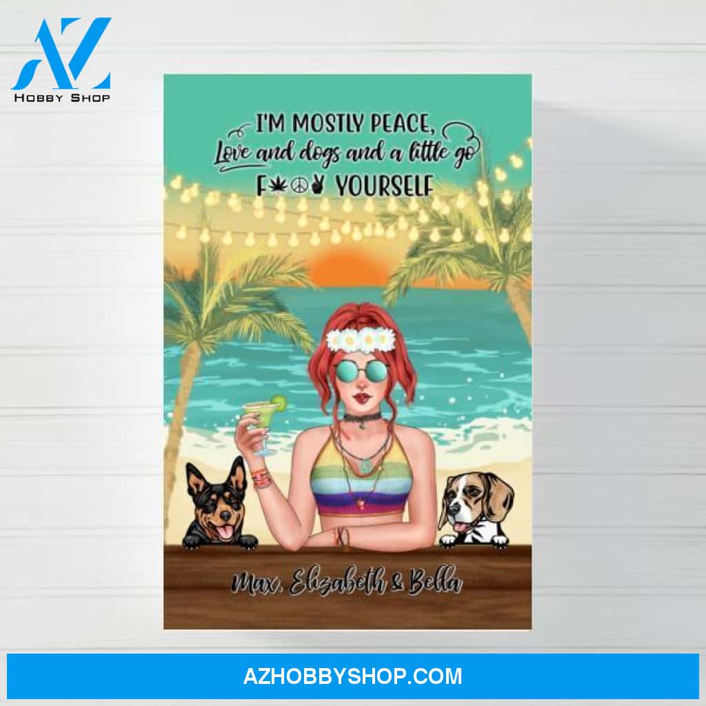 Personalized Canvas/Poster, Hippie Girl with Dogs On The Beach, Gifts for Hippie and Dog Lovers