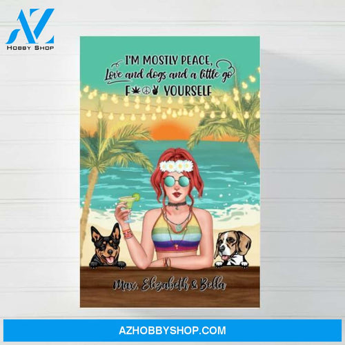 Personalized Canvas/Poster, Hippie Girl with Dogs On The Beach, Gifts for Hippie and Dog Lovers