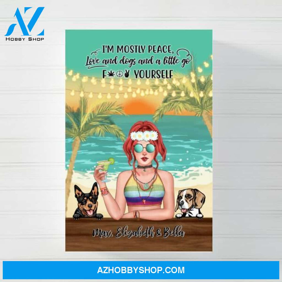 Personalized Canvas/Poster, Hippie Girl with Dogs On The Beach, Gifts for Hippie and Dog Lovers