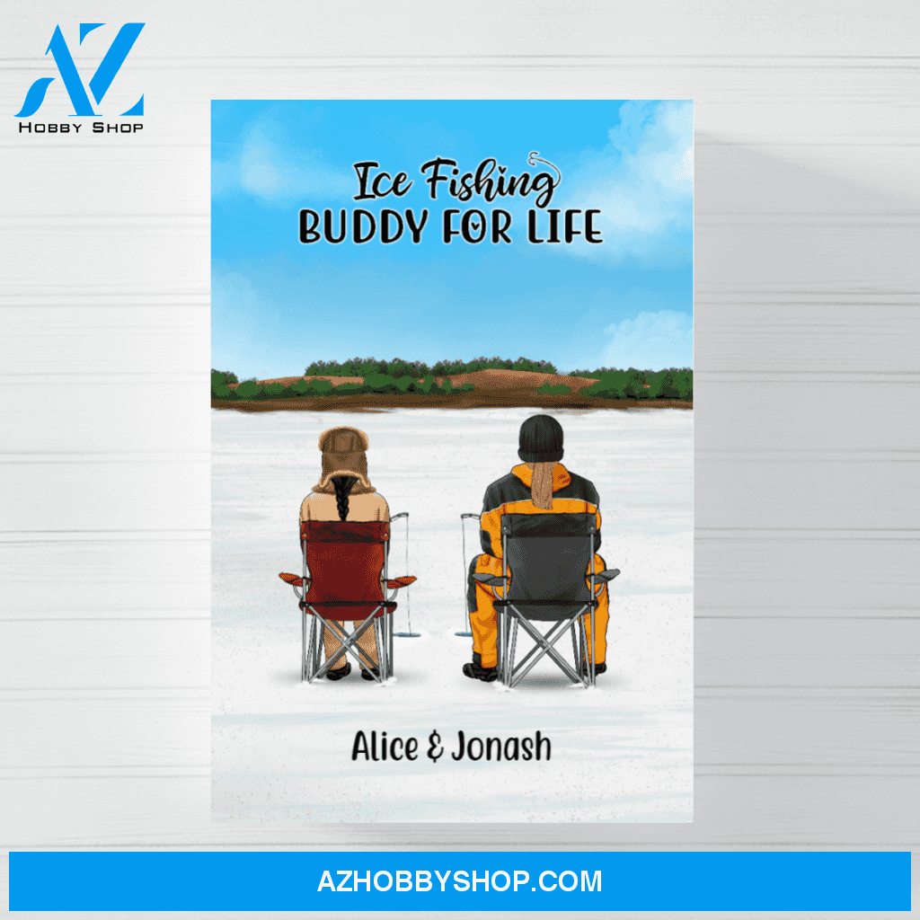 Personalized Canvas/Poster, Ice Fishing Couple and Friends, Custom Gift for Fishing Lovers