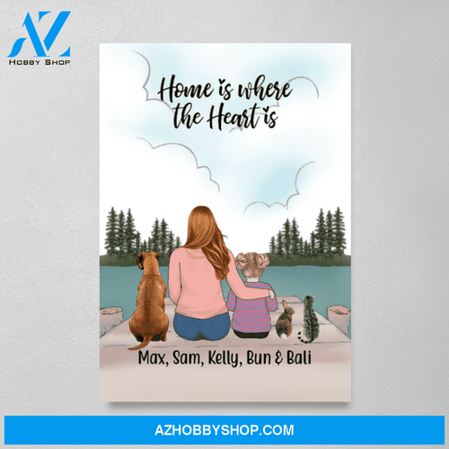 Personalized Canvas/Poster, Woman with Kid, Dog, Rabbit and Cat, Custom Gift for Mother's Day
