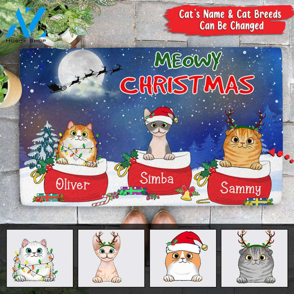 Personalized Cat Breed & Cat Names, Custom Doormat, Meowy Christmas, Cat Mom, Cat Lovers, M0402, LIHD