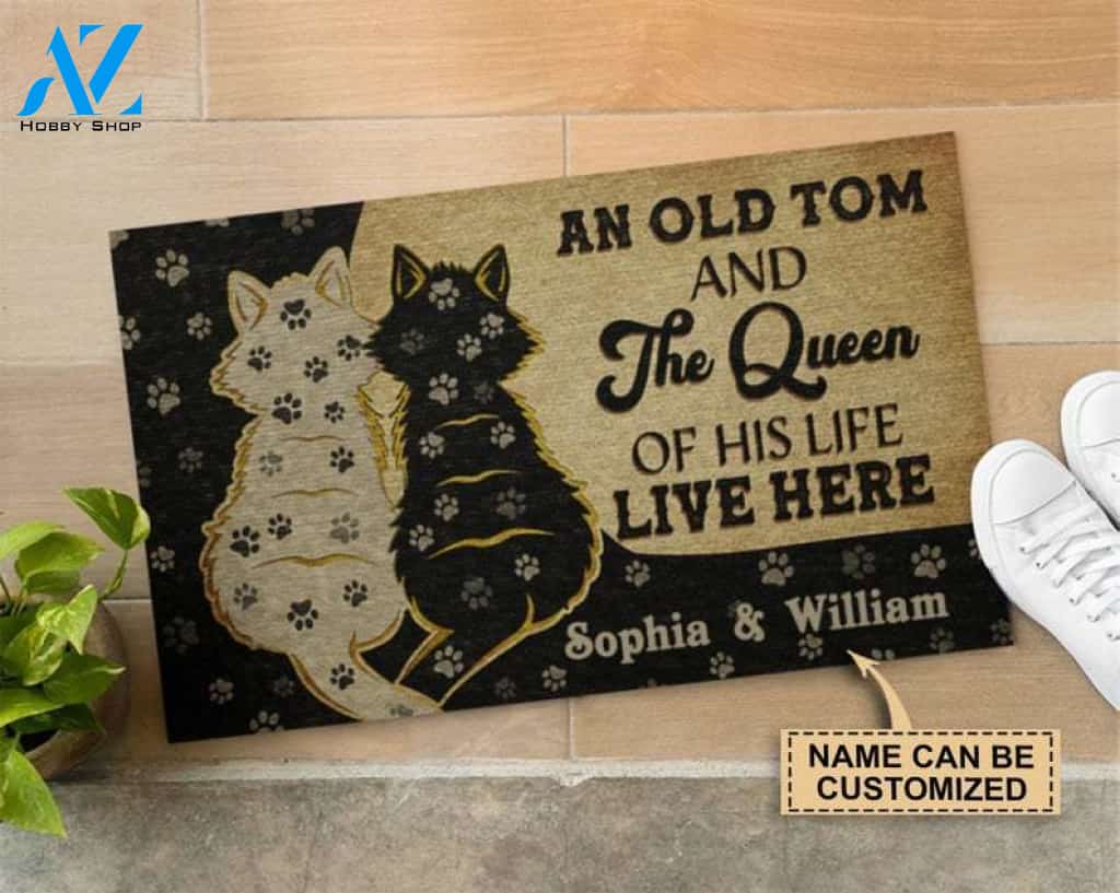 Personalized Cat Couple Old Tom And Queen Live Here Customized Doormat, Custom Doormat, Welcome Door Mat, Makes A Perfect Gift