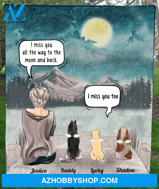 Personalized cat, dog memorial gift idea for cat dog owners, cat dog mom - Mom & Upto 5 Pets memorial quilt blanket - I miss you all the way to the moon and back