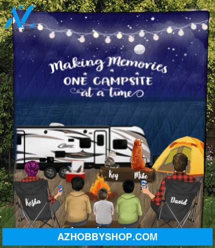 Personalized cat, dog & owners blanket gift idea for the whole family - Parents with 2 teens, 1 kid & 2 pets night beach camping quilt blanket