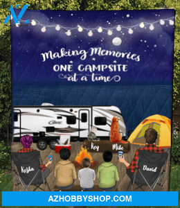 Personalized cat, dog & owners blanket gift idea for the whole family - Parents with 2 teens, 1 kid & 2 pets night beach camping quilt blanket