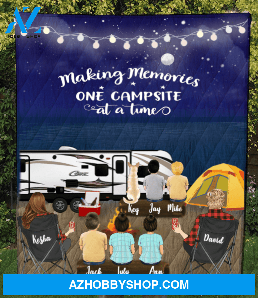 Personalized cat, dog & owners blanket gift idea for the whole family - Parents with 5 kids & 1 pet night beach camping quilt blanket