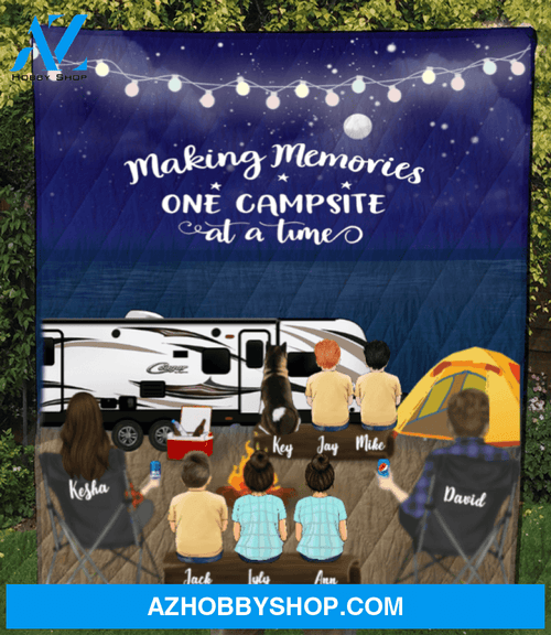 Personalized cat, dog & owners blanket gift idea for the whole family - Parents with 5 kids & 1 pet night beach camping quilt blanket