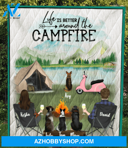 Personalized cat dog & owners camping quilt blanket gift idea for the whole family, cat dog lovers - 4 Pets & Couple - No Camper Version