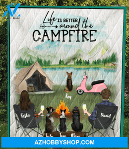 Personalized cat dog & owners camping quilt blanket gift idea for the whole family, cat dog lovers - 4 Pets & Couple - No Camper Version