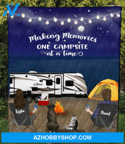 Personalized cat, dog & owners camping blanket gift idea for the whole family, cat dog lovers - 2 Pets & Couple night beach camping quilt