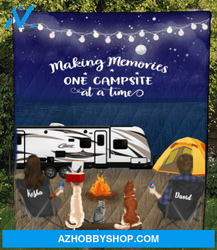 Personalized cat, dog & owners camping blanket gift idea for the whole family, cat dog lovers - 3 Pets & Couple Night Beach Camping Quilt V5