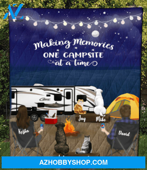 Personalized cat, dog & owners camping blanket gift idea for the whole family, cat dog lovers - 4 Pets & Couple Night Beach Camping Quilt V5