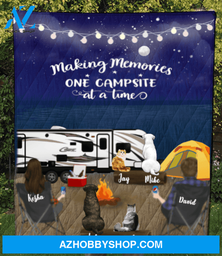 Personalized cat, dog & owners camping blanket gift idea for the whole family, cat dog lovers - 4 Pets & Couple Night Beach Camping Quilt V5