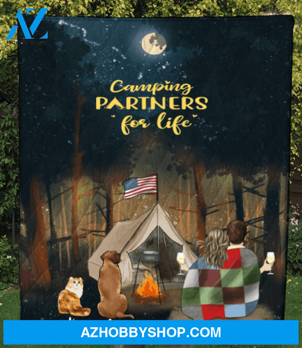 Personalized cat dog & owners camping blanket gift idea for the whole family, cat dog lovers - Couple & 2 Pets Forest Camping Quilt