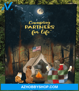 Personalized cat dog & owners camping blanket gift idea for the whole family, cat dog lovers - Couple & 2 Pets Forest Camping Quilt