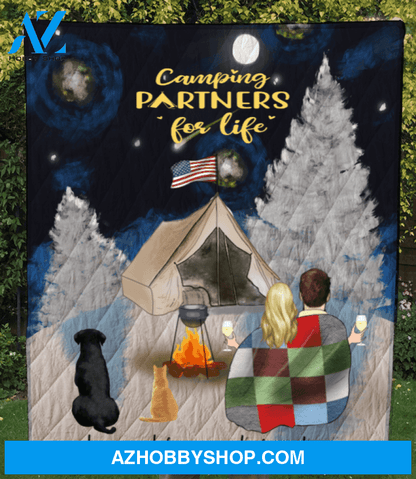Personalized cat dog & owners camping blanket gift idea for the whole family, cat dog lovers - Couple & 2 Pets Snow Mountain Quilt