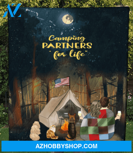 Personalized cat dog & owners camping blanket gift idea for the whole family, cat dog lovers - Couple & 3 Pets Forest Camping Quilt