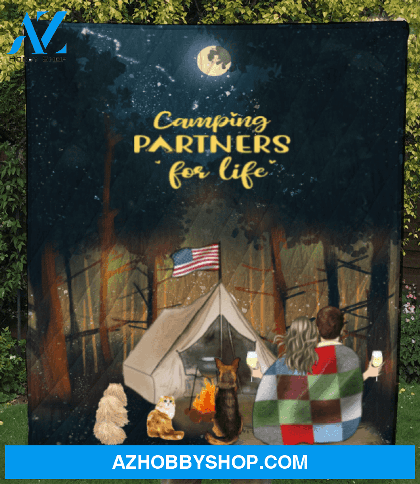Personalized cat dog & owners camping blanket gift idea for the whole family, cat dog lovers - Couple & 3 Pets Forest Camping Quilt
